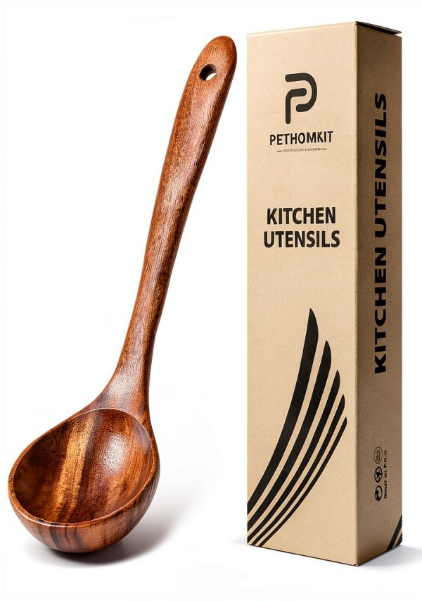PETHOMKIT Teak Soup Ladle PHK-026 10.6 Inch Heat‑Resistant Spoon-0