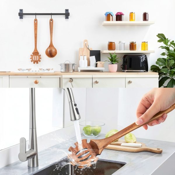 Wooden Spoons for Cooking,2 Pcs Wooden Utensil Set of Soup Ladle &Spaghetti Pasta Spoon with Teeth, Teak Wood Soup Ladle&Slotted Pasta Fork Strainer Spoon Set for Serving Collecting Noodle Gravy Sauce-6