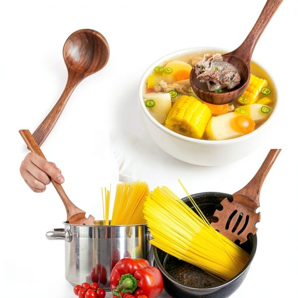 Wooden Spoons for Cooking,2 Pcs Wooden Utensil Set of Soup Ladle &Spaghetti Pasta Spoon with Teeth, Teak Wood Soup Ladle&Slotted Pasta Fork Strainer Spoon Set for Serving Collecting Noodle Gravy Sauce-5