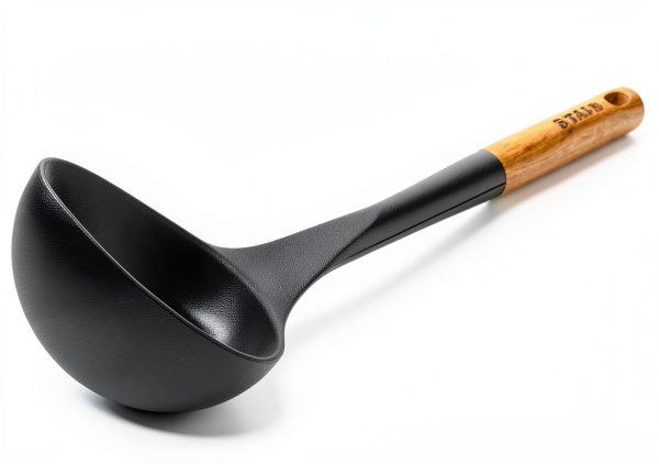 STAUB Soup Ladle Matte Black Silicone with Acacia Wood Handle-0