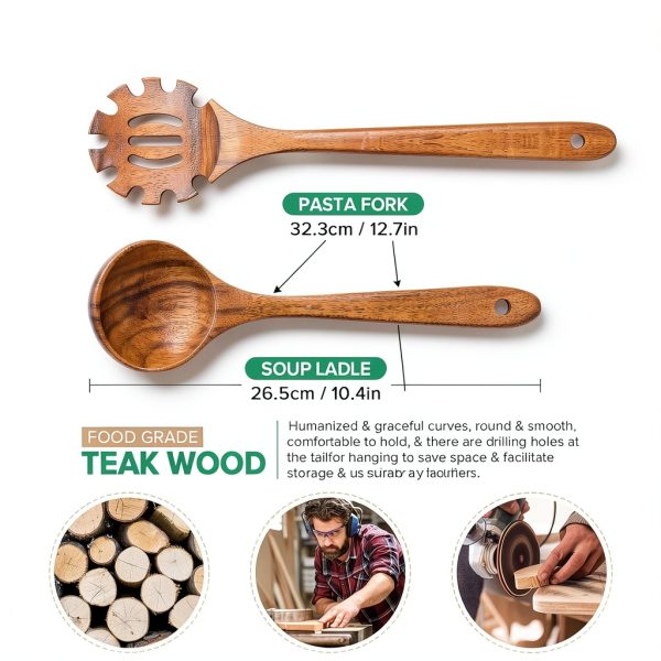 Wooden Spoons for Cooking,2 Pcs Wooden Utensil Set of Soup Ladle &Spaghetti Pasta Spoon with Teeth, Teak Wood Soup Ladle&Slotted Pasta Fork Strainer Spoon Set for Serving Collecting Noodle Gravy Sauce-1