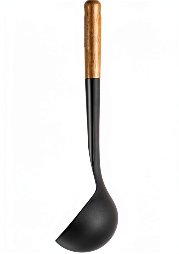 STAUB Soup Ladle Matte Black Silicone with Acacia Wood Handle-4