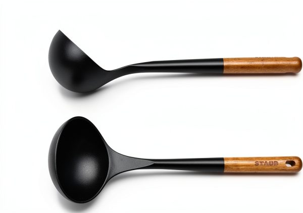 STAUB Soup Ladle Matte Black Silicone with Acacia Wood Handle-2