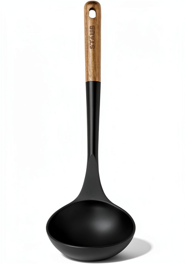 STAUB Soup Ladle Matte Black Silicone with Acacia Wood Handle-3
