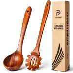 Wooden Spoons for Cooking,2 Pcs Wooden Utensil Set of Soup Ladle &Spaghetti Pasta Spoon with Teeth, Teak Wood Soup Ladle&Slotted Pasta Fork Strainer Spoon Set for Serving Collecting Noodle Gravy Sauce-0