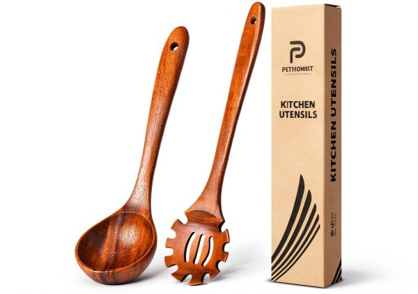 Wooden Spoons for Cooking,2 Pcs Wooden Utensil Set of Soup Ladle &Spaghetti Pasta Spoon with Teeth, Teak Wood Soup Ladle&Slotted Pasta Fork Strainer Spoon Set for Serving Collecting Noodle Gravy Sauce-0